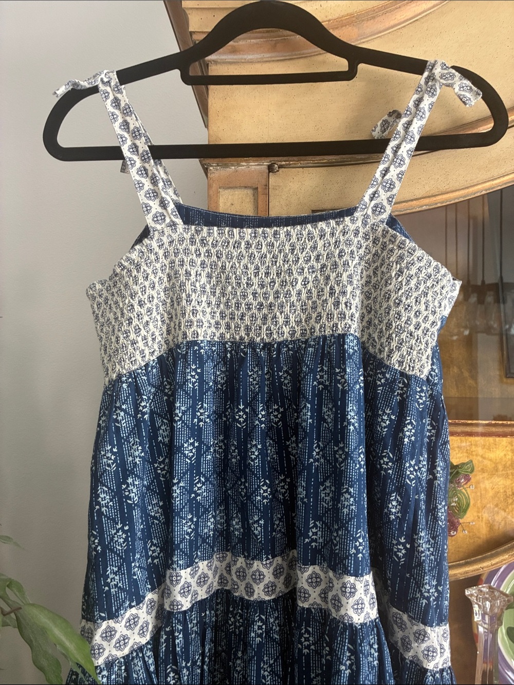 Zara Boho Peasant Spaghetti Strap Smocked Dress Navy/white Size 13 jr ot Petite - Picture 4 of 8